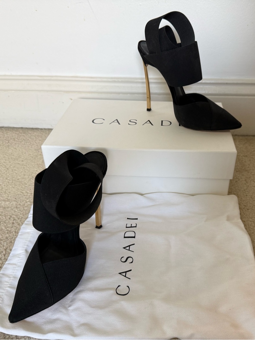 Casadei Black Pointed Slingback Stiletto Heels with Gold Heel